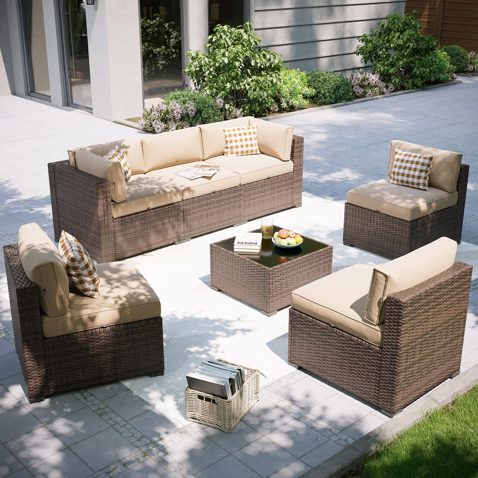 BaPiPro 7-Piece Modular All-Weather Patio Furniture Set, Brown Rattan Wicker Outdoor Sectional Sofa with Thickened Beige Cushions & Tempered Glass Coffee Table for Backyard Porch Deck Balcony