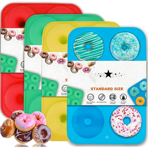 SUSWIM 4 Pack Donut Pan Silicone Baking Mold, Non-Stick Doughnuts Baking Pans for 6 Full-Size Donuts, Muffin, Cake Biscuit Bagels - Oven & Dishwasher Safe (Multicolor)