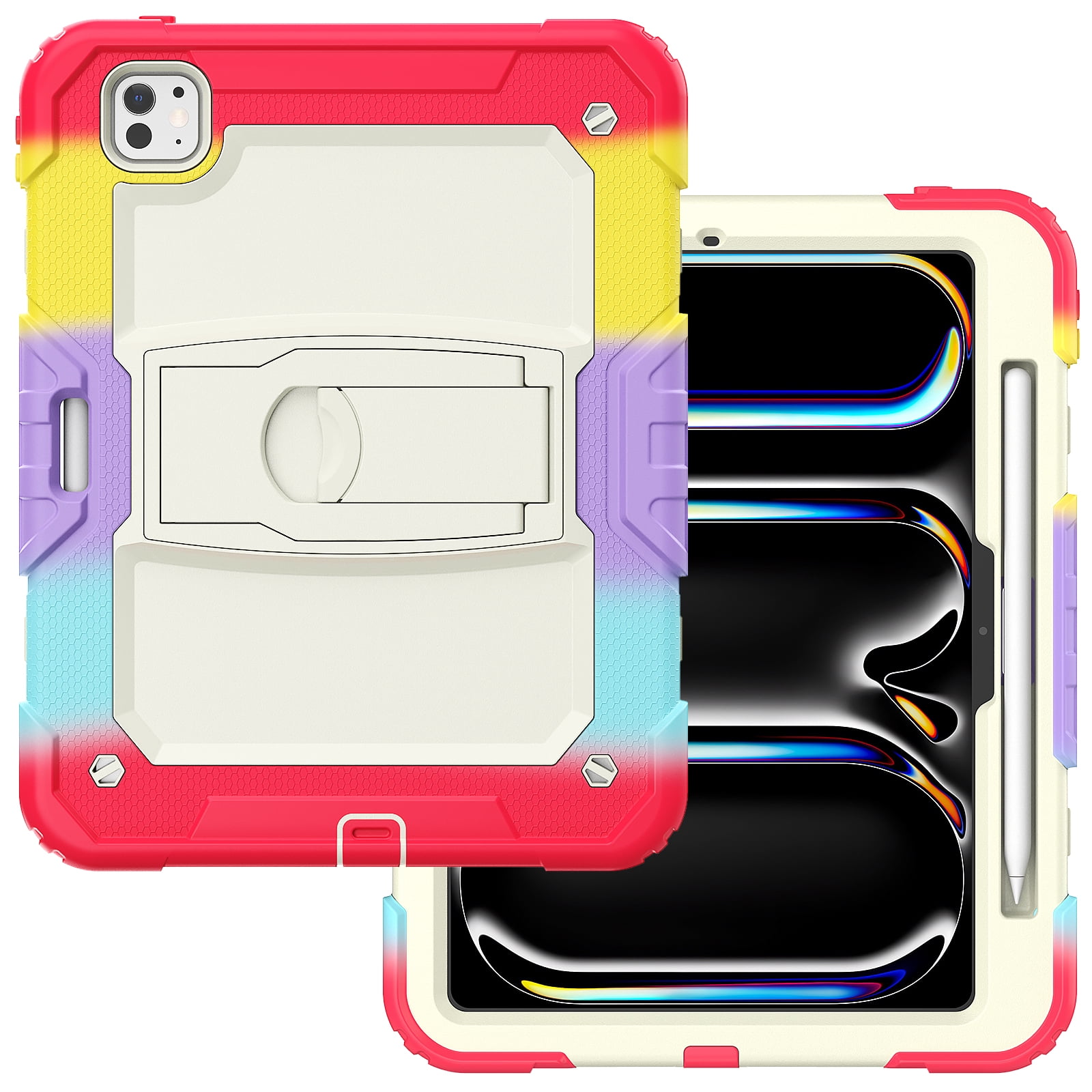 Rugged Case For Apple iPad Pro 11 (2024) – 3-Layer Protection Shockproof Stand Cover with Screen Protector, Adjustable Stand, Shoulder Strap, & Pencil Holder -- Colorful Red