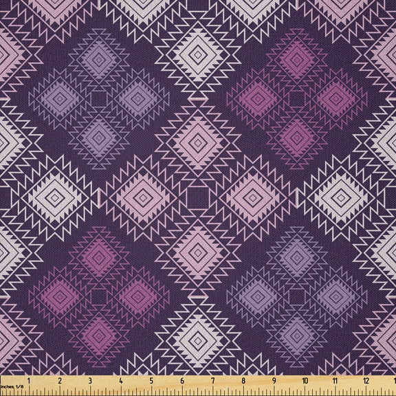 Ambesonne Folk Fabric by the Yard Microfiber, Violet Tones Rhombuses Design, 3 Yards, Purple and Multicolor