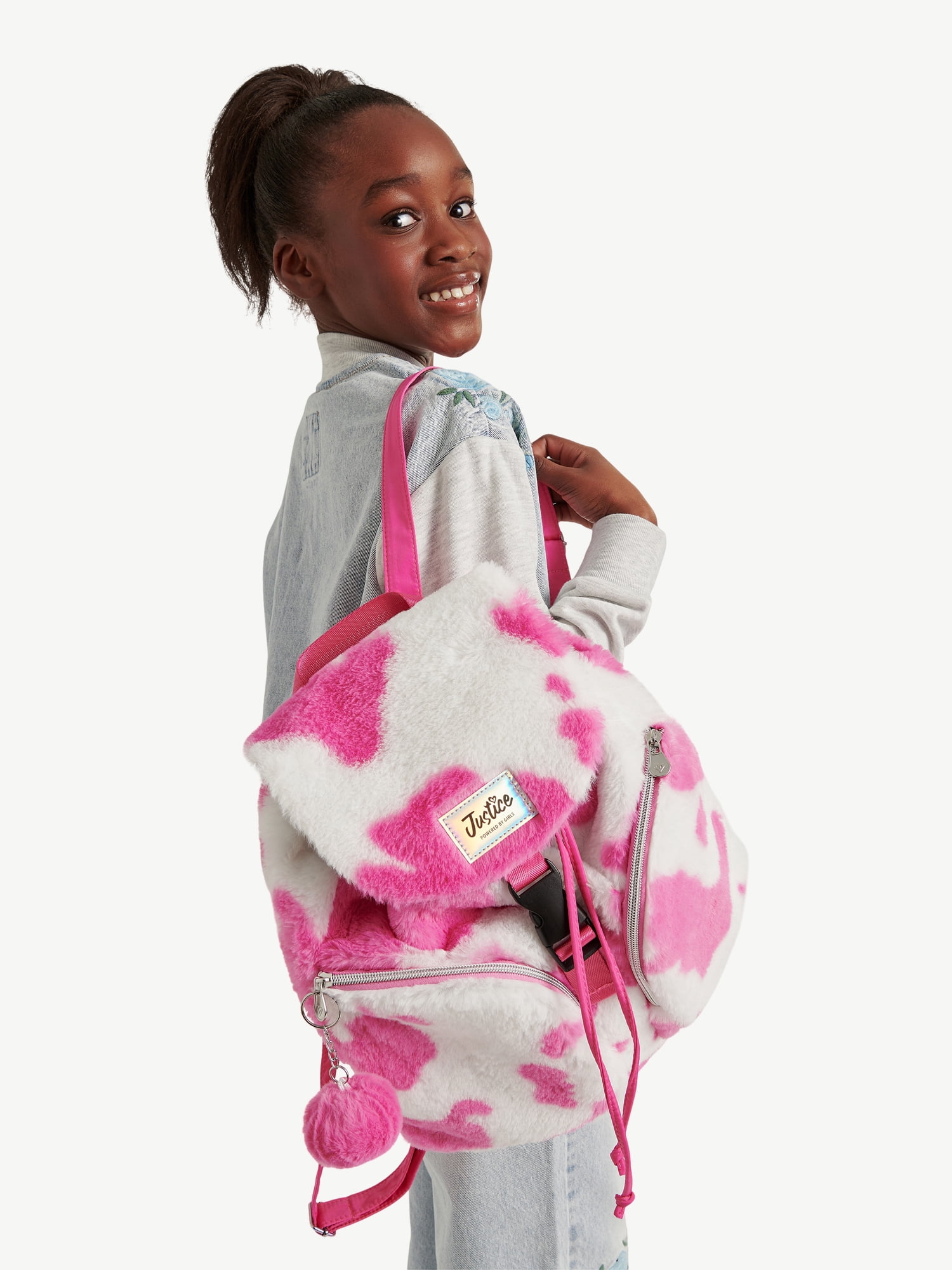Justice Girls Faux Fur Rucksack Backpack, Pink Cow
