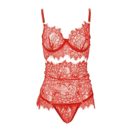 Women Sexy Lace Bra and Panty Set Lingerie 3 Piece Babydoll in Red Size M
