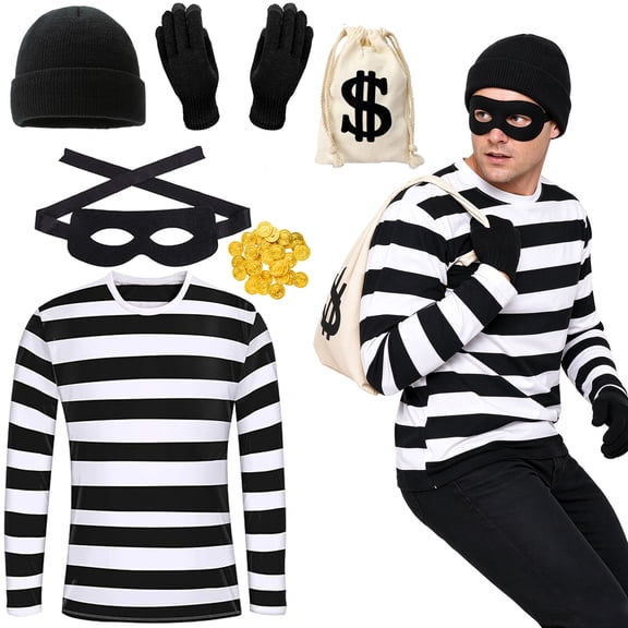 Forfamy Robber Costume Set Adults Halloween Costume Men Black White Striped T-Shirt Black Eye Mask Swag Bag for Halloween Carnival Party Cosplay