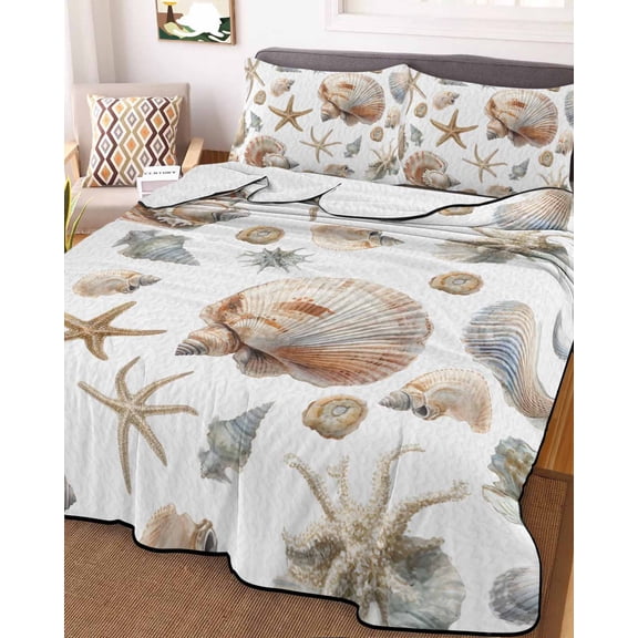 Seashell Coastal Twin Size Down Alternative Comforter, Lightweight Comforter Quilt Bedding Set with Pillow Shams Summer Beach Ocean Starfish Watercolor All Seasons Bed Comforter Duvet Insert 68"x86"