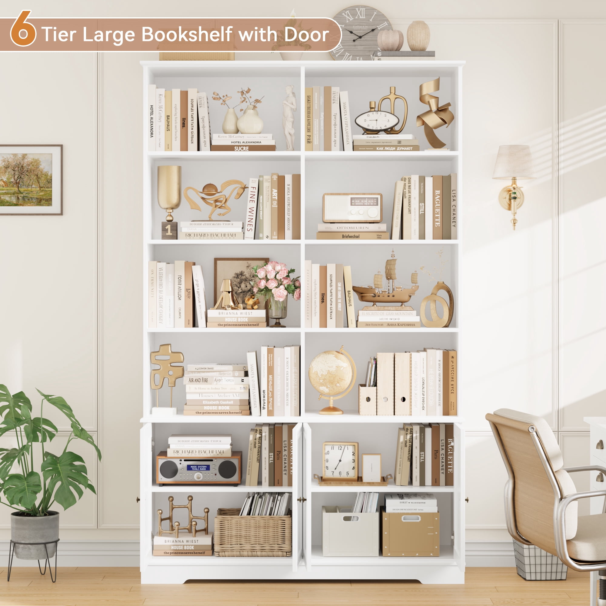Homfa 73'' Tall Bookcase, 6-Tier 8 Cubes Display Bookshelf, 4 Doors Double Row Bookcase for Living Room Home Office, White
