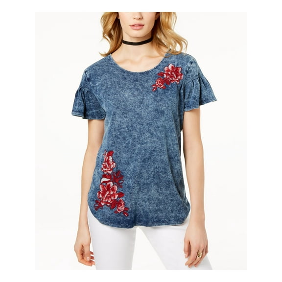 INC $70 Womens New 1586 Blue Embroidered Ruffle-sleeve Scoop Neck Top XL B B