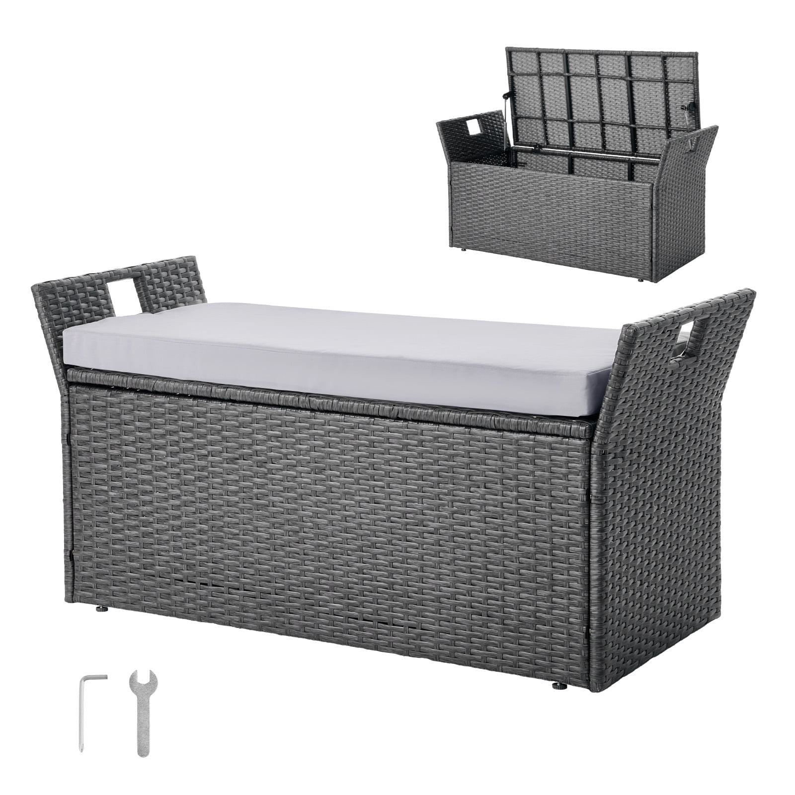VEVOR Outdoor Storage Bench, 2-Person PE Rattan Storage Bench, 40 Gal Deck Box with Cushion & Side Handle, Supports up to 400 lbs, Outdoor Seating & Porch Decor for Patio Garden Balcony