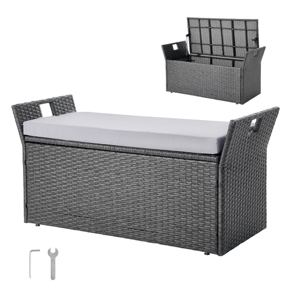 VEVOR Outdoor Storage Bench, 2-Person PE Rattan Storage Bench, 40 Gal Deck Box with Cushion & Side Handle, Supports up to 400 lbs, Outdoor Seating & Porch Decor for Patio Garden Balcony