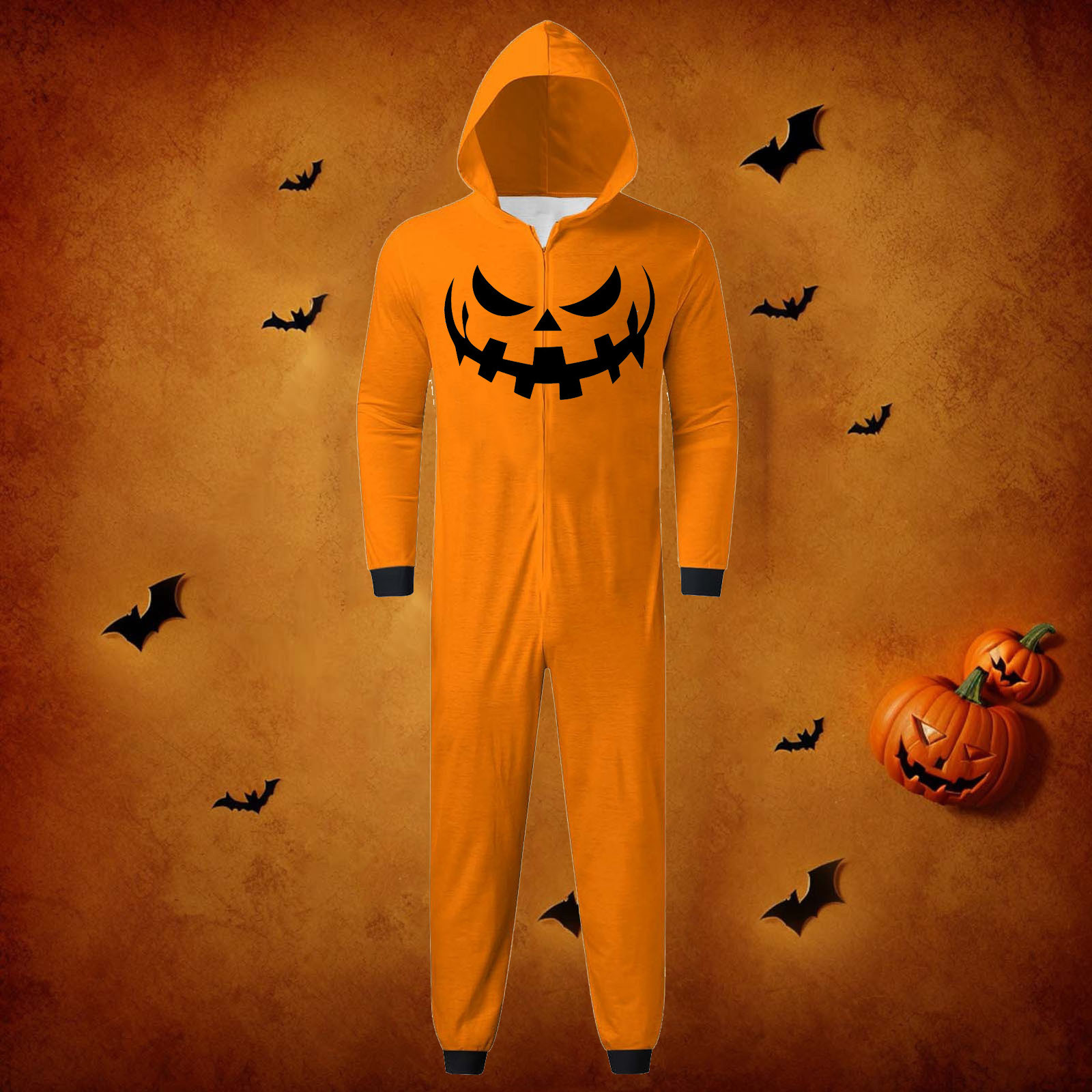 FEIFLY Halloween Printed Hooded Zipper Home Jumpsuit Pumpkin Onesie Family Matching Romper Holiday Loungewear For Men