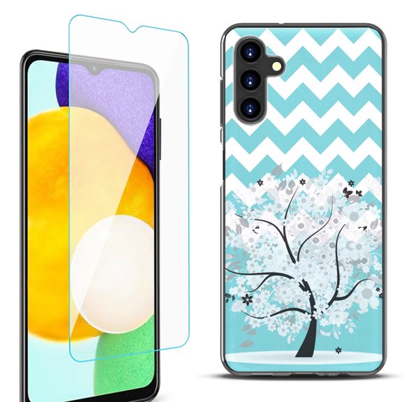 Slim-Fit Protective Fashion Phone Case (Black) for Samsung Galaxy A13 5G, with Tempered Glass Screen Protector, by OneToughShield ® - Chevron/Tree