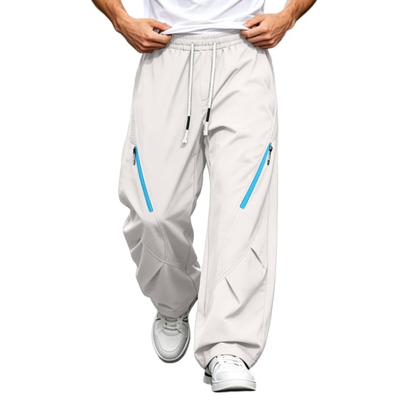 Lenpel Men's Hiking Pants Trendy Drawstring Low Rise Pants with Zipper Pockets Wide Leg Workout Trousers Fall Clothes(White,X-Large)