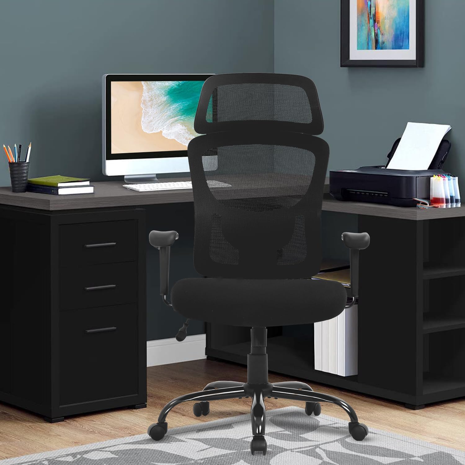 PayLessHere Big & Tall Home Office Chair 400lb, Wide Mesh Seat, Adjustable Lumbar Support - Black