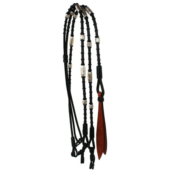 Horse Braided Leather Rawhide Romal Reins Silver Black Tack 6653