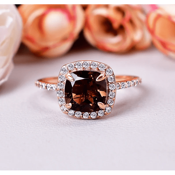Natural Cushion Cut Smoky Quartz Engagement Ring in 14k Rose Gold finish - Gift For Wife