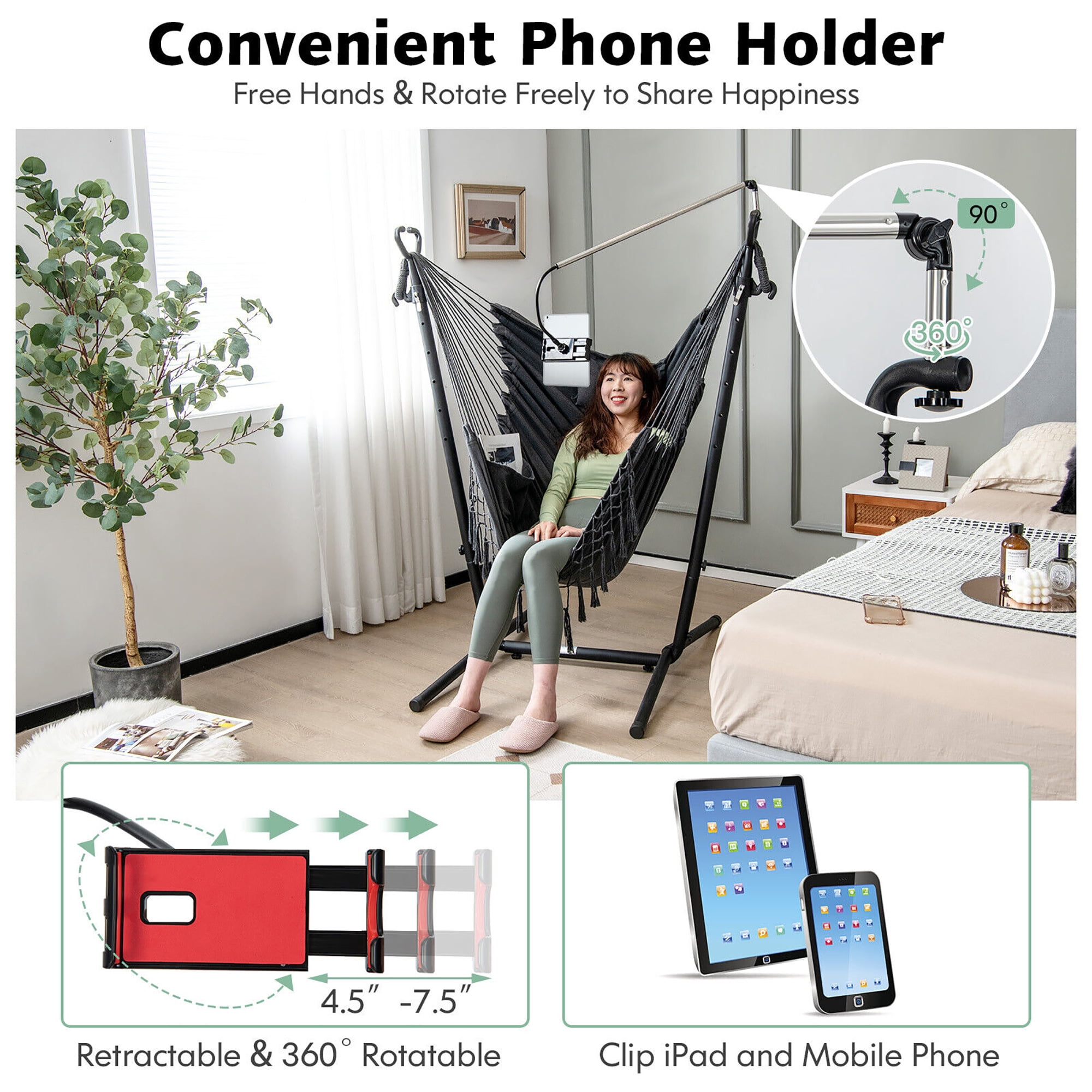 Gymax Hammock Chair with Stand Phone Holder Adjustable Swing Indoor & Outdoor Use