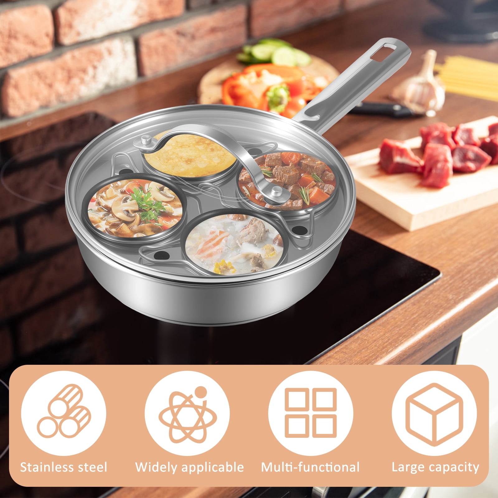 FUYGRCJ Egg Poacher Pan, Stainless Steel Poached Egg Cooker, Perfect Poached Egg Maker Pan, Induction Cooktop Egg Poachers Cookware Set, Stovetop Egg Poacher Set with 4 Nonstick Egg Poacher Cups