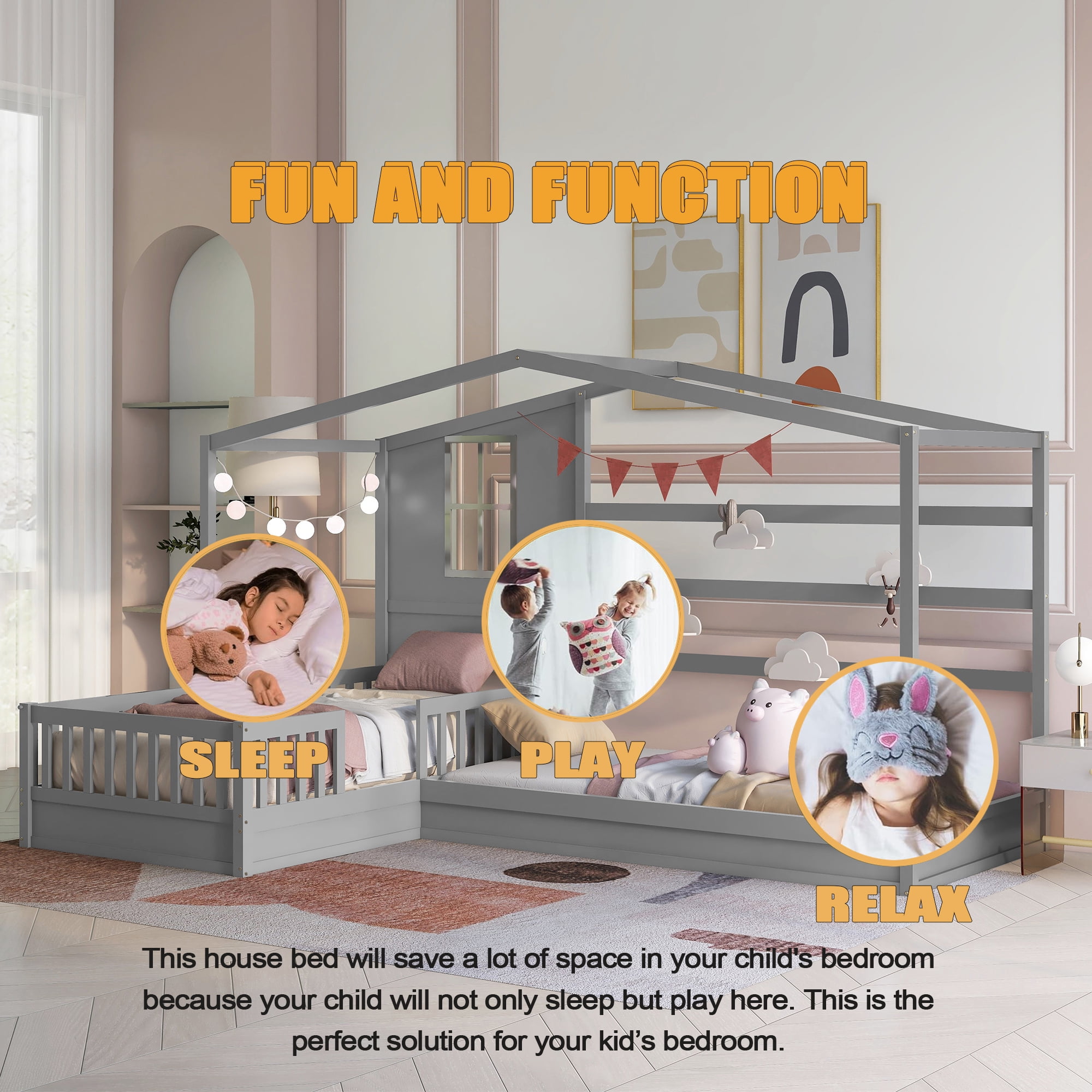 Bellemave House Beds for 2, Wood L-Shape Twin Bed Frame with Roof and Fence Railings, Double Twin Size Montessori Bed Frame No Box Spring Needed (Grey)