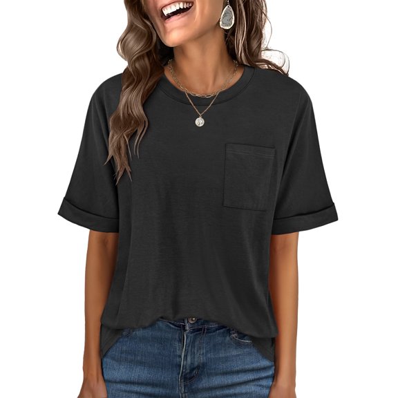 ANRABESS Oversized T Shirts for Women Short Sleeve Crewneck Basic Tee Loose Casual Summer Top with Pocket Black Large