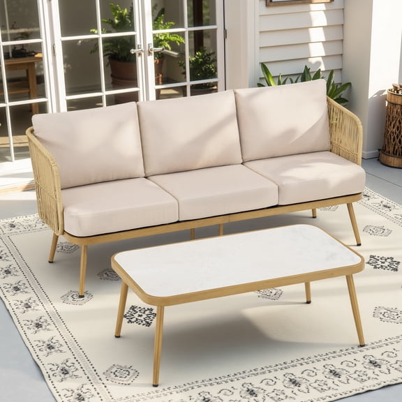 PPorfamilia 3-Seat Outdoor PE Rattan Sofa with Coffee Table, Patio Furniture Set with Natural Wicker and Beige Cushions