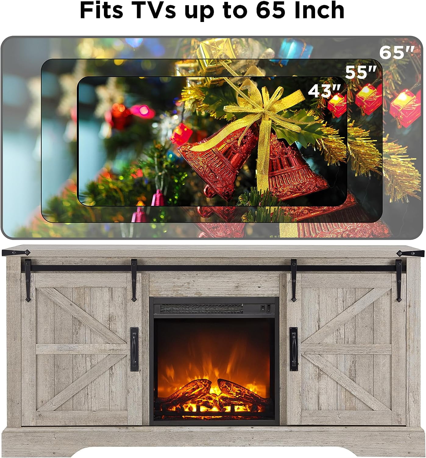 OKD Farmhouse Electric Fireplace TV Stand for TVs up to 65", Entertainment Center with Fireplace, Light Rustic Oak