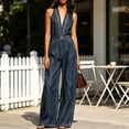 thumbnail image 4 of Quixlent Denim Jumpsuit for Women, Sleeveless Halter V Neck Wide Leg Jeans Pants Romper, High Waist Casual One Piece Outfits with Pockets, 4 of 7