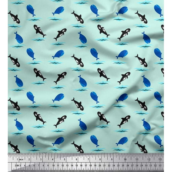 Soimoi Cotton Duck Fabric Waves,Whale & Dolphin Ocean Print Fabric by Yard 56 Inch Wide