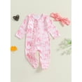 thumbnail image 3 of Elippeo Baby Girls Autumn Footed Jumpsuit 3 6 12 18 Months Long Sleeve Crew Neck Bow Print Oblique Zipper Romper with Headband, 3 of 8