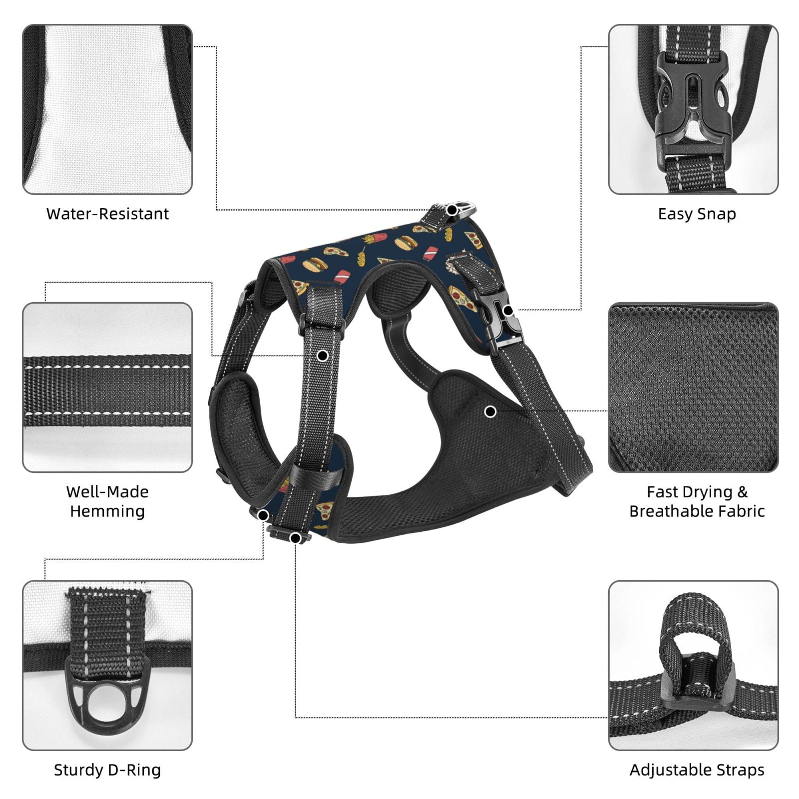 Vsdgher Fast Food Pattern Dog Harness,No Pull Pet Harness with Soft Padded Handle,Adjustable Reflective Vest with 2 Buckles,4 Slide Buckles,S-XL Large