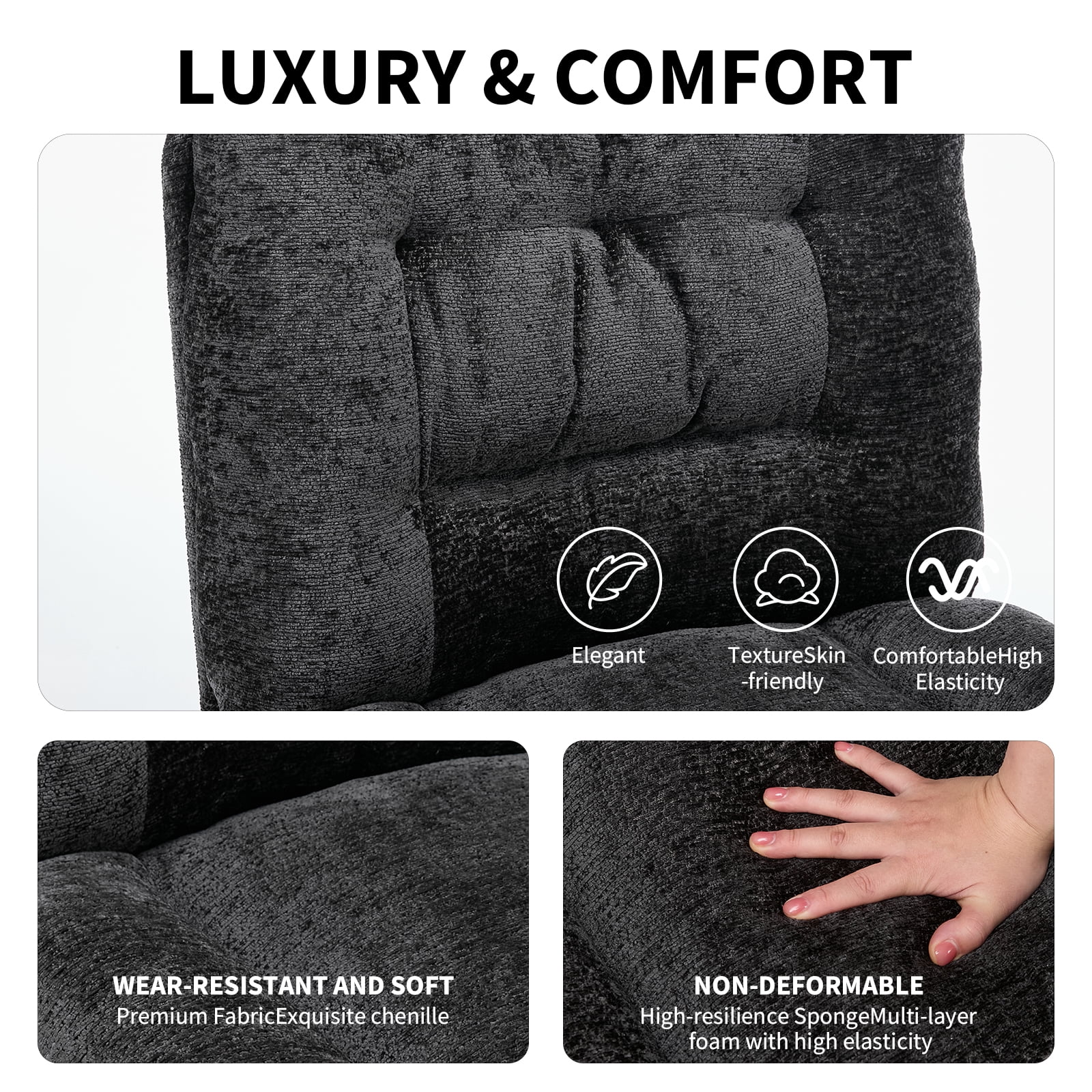 Soft Chenille Cross-Legged Office Chair,Wide Seat Armless Desk Chair with Double Cushion, Swivel Adjustable Vanity Chair for Bedroom, Home Office,Black, EliteEdge