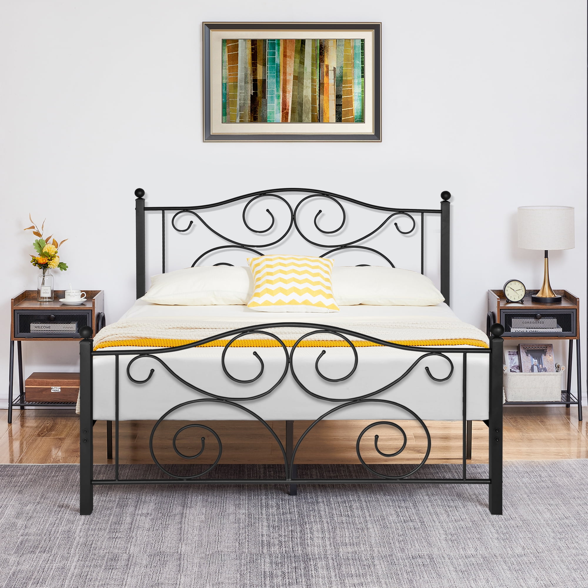 VECELO Metal Platform Bed Frame with Victorian Headboard and Footboard, Full Size, Black