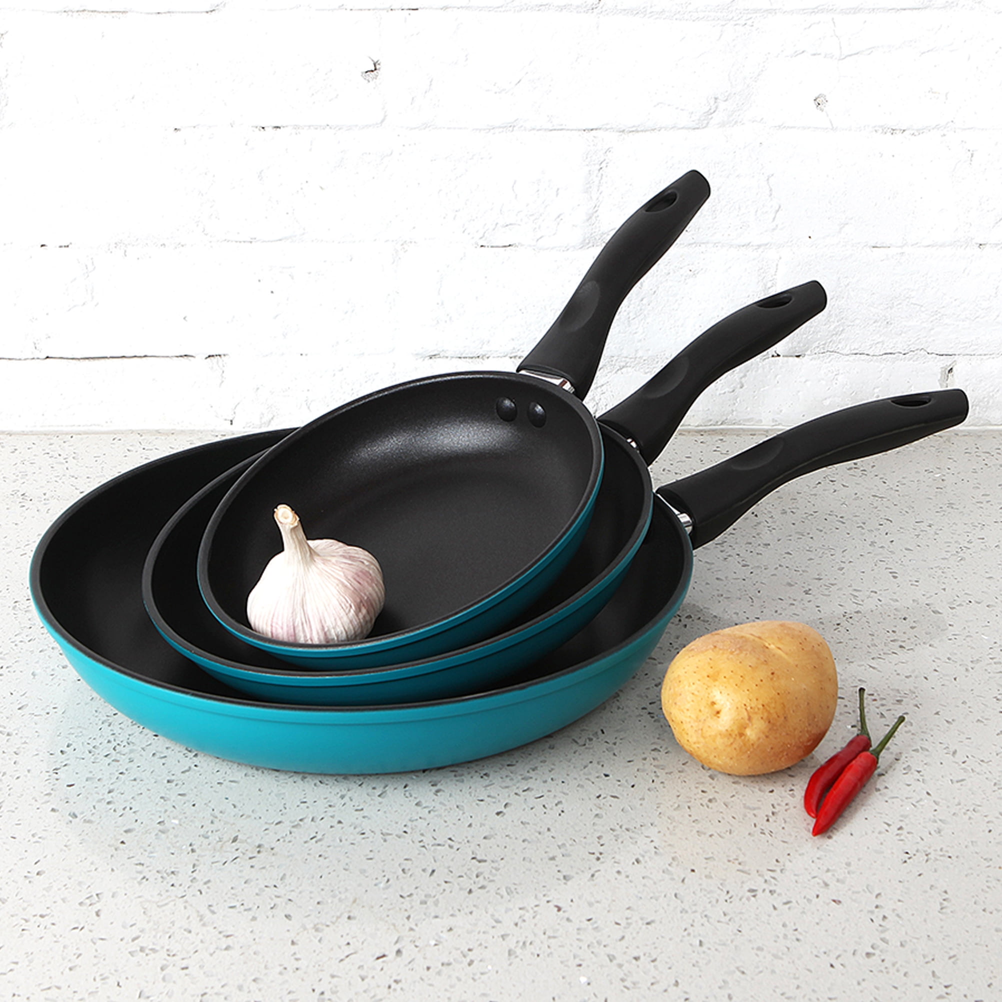 Mainstays 3-Piece Non-Stick Aluminum Skillet Set, Teal