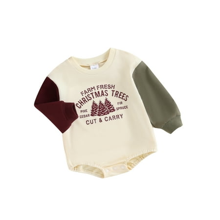 

Christmas Baby Girl Boy Romper Infant Contrast Splice Color Long Sleeve LetterTree Print Pullover Bodysuit Playsuit