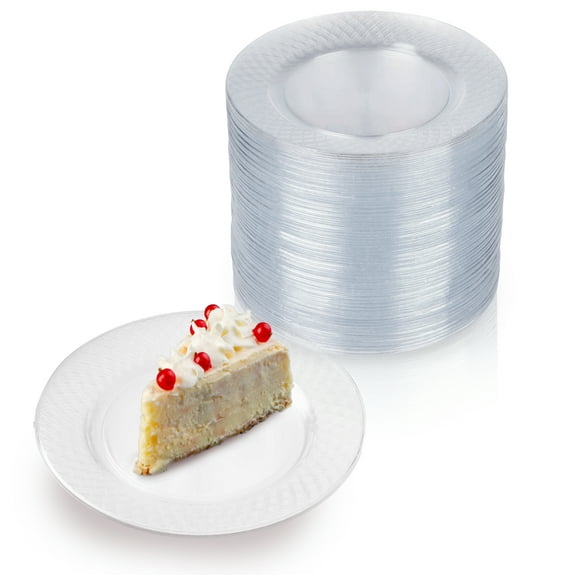 Prestee 100 Clear Plastic Plates - 6.25 inch Disposable Plates | Fancy Dessert Plates | Hard Round Party Plates | Elegant Appetizer Plates | Heavy Duty Wedding Plates | Small Cake Plates [Diamond]