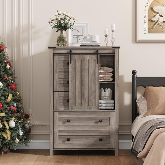 5-Drawer Farmhouse Dresser with Sliding Barn Door - Rustic Wood Storage Organizer with Adjustable Shelf, Tall Chest of Drawers for Bedroom, Living Room, Hallway
