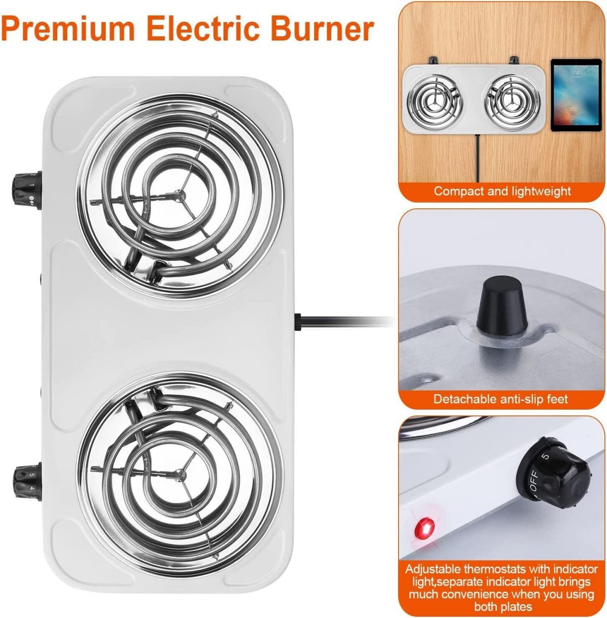 WSYW 2000W Portable Electric Double Burner Hot Plate Kitchen Cooktop Cooking Stove Style 2