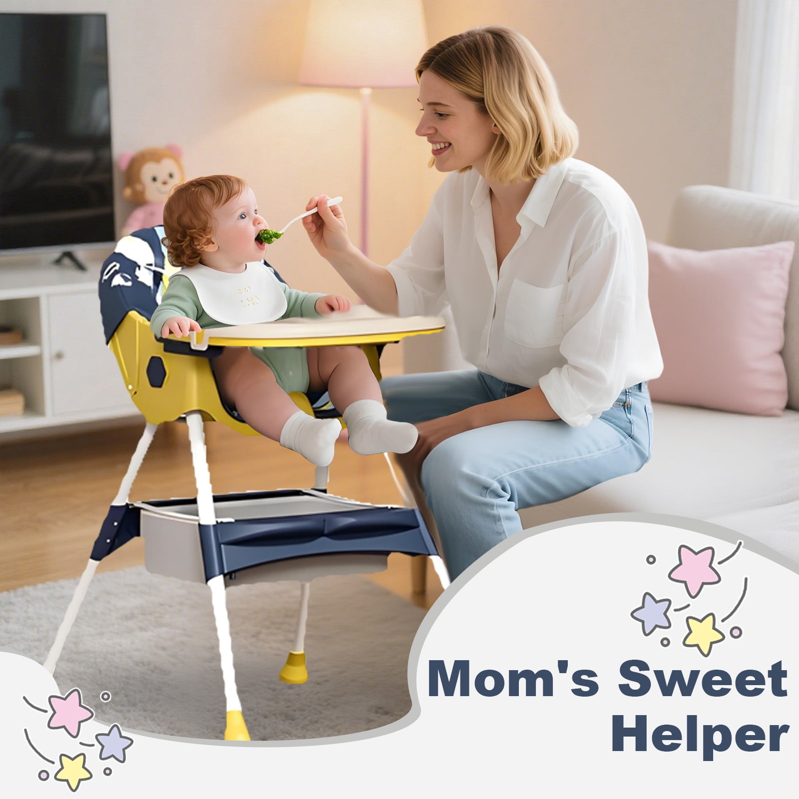 BEJOLO Baby High Chair, 4-in-1 Foldable Highchair Dining Feeding Chair with Double Dining Plate & Toy Rack, Infant to Toddler, Blue and Yellow