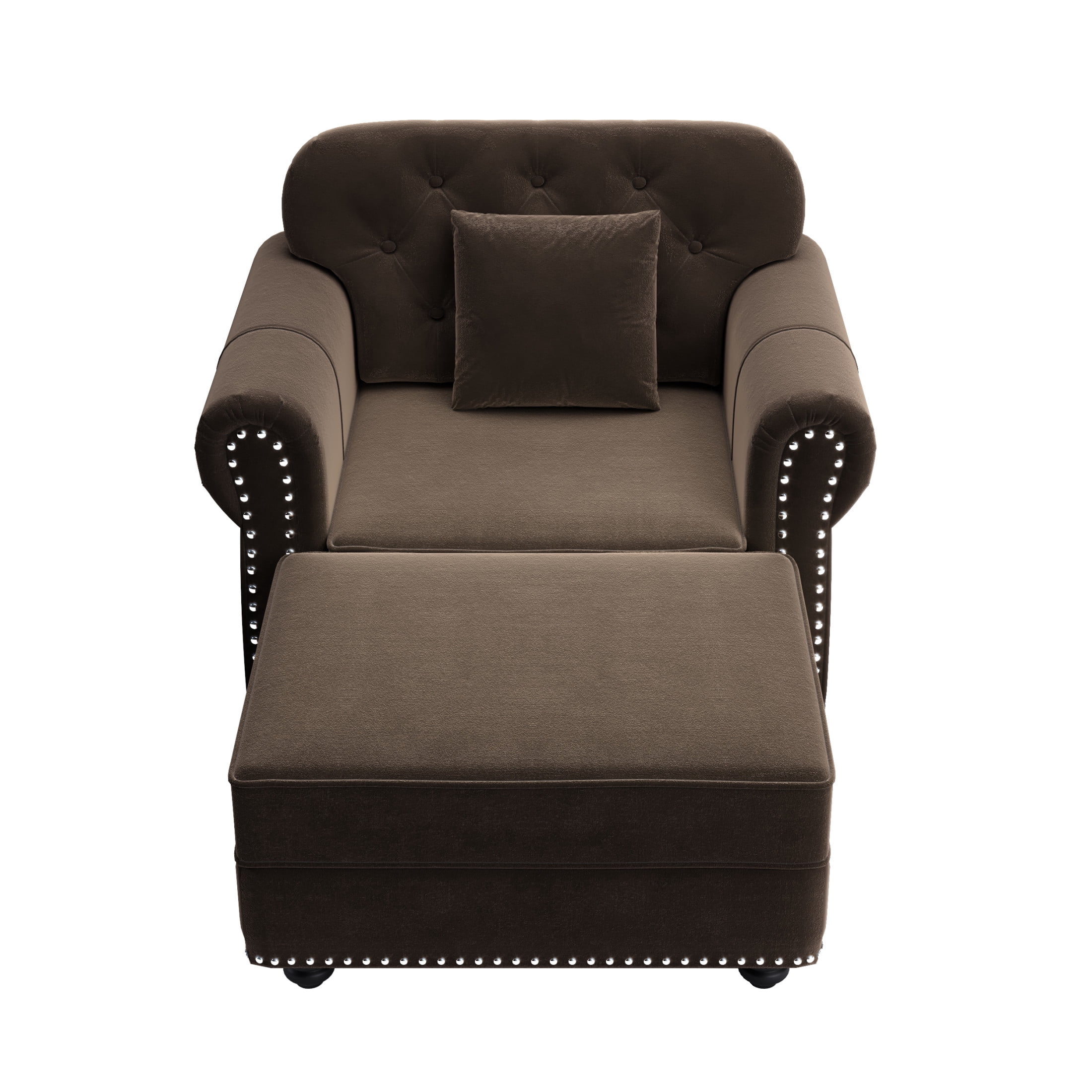 Noble House Kieran 1-Seater Velvet Chesterfield Sofa, Modern Tufted Armchair with Nailhead Trim and Ottoman, Brown