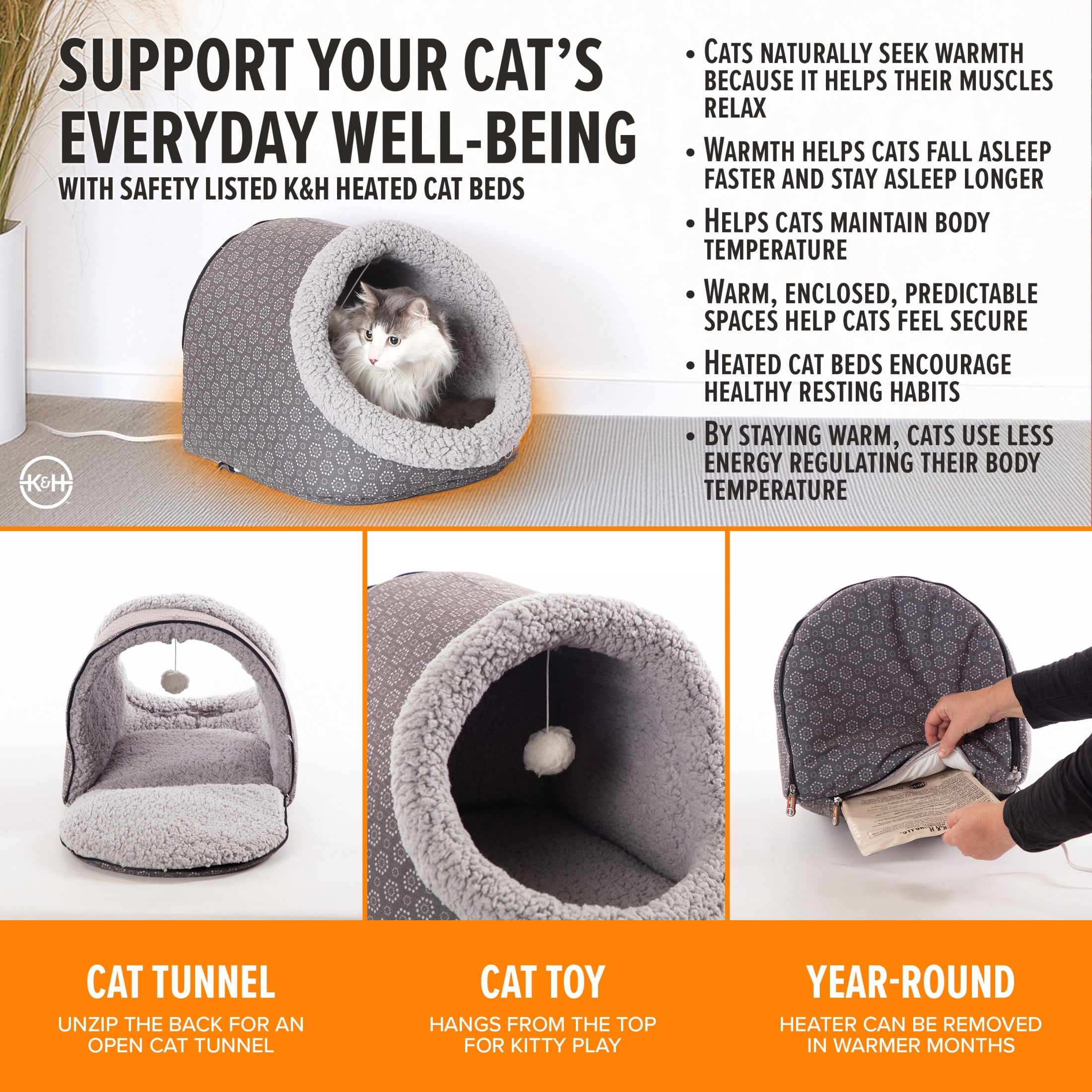 K&H Pet Products Thermo-Pet Cave Cat Bed Heated Gray/Geo Flower 17 X 15 X 13 Inches
