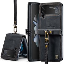 Case for Samsung Galaxy Z Flip 4, Luxury PU Leather Wrist Strap Classic Business Full Body Protection Shockproof Anti-Slip Case Cover for Women Girls for Samsung Galaxy Z Flip 4 5G, Black