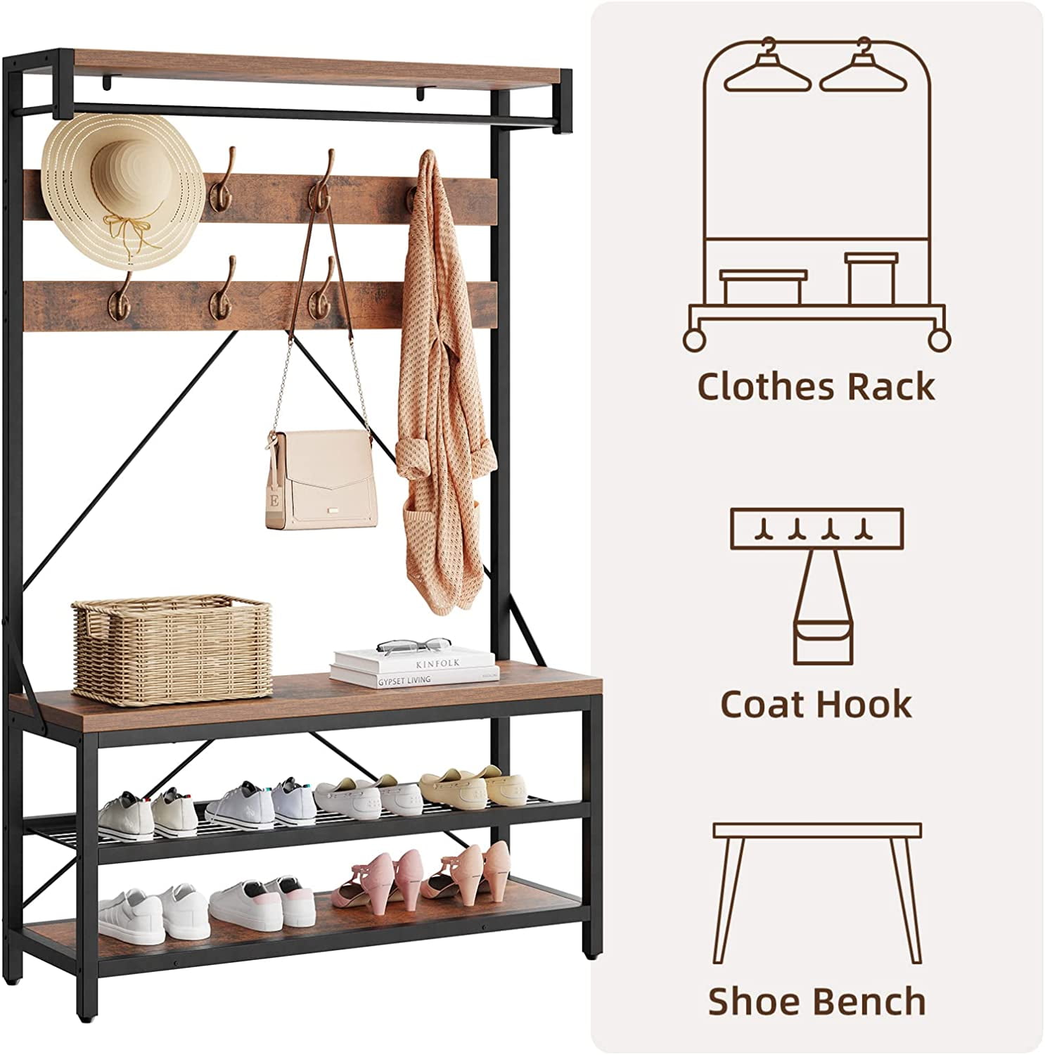 EastVita Coat Rack Shoe Bench Industrial Hall Tree Storage Bench for Entryway Wood Look Accent Large Shoe Rack Bench with Storage Shelf Hanging Bar,8 Hooks Grey 39.9"x15.7"x72"