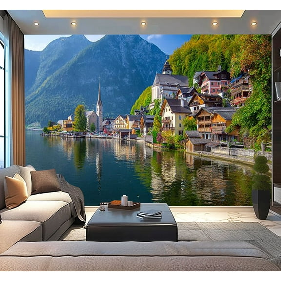 Peel and Stick Wallpaper Waterproof Hallstatt mountain village Alps Salzkammergut Austria photo Wall Mural Decor Self Adhesive and Removable 100in x 144in
