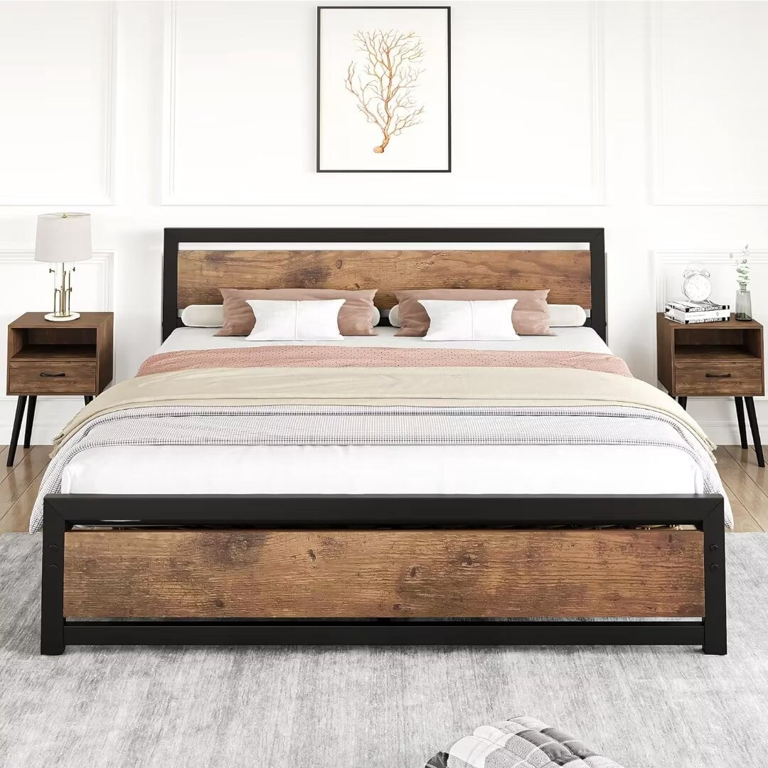Full Size Platform Bed Frame with Wood Headboard, Heavy Duty Slat Support, 14 inch Mattress Foundation No Box Spring Needed, Brown