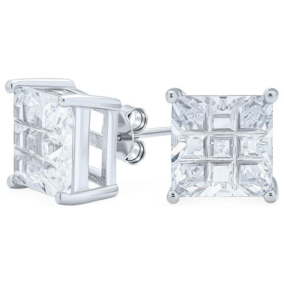 Bling Jewelry Mens Invisible Cut Square CZ Checkboard Stud Earrings Silver 7MM