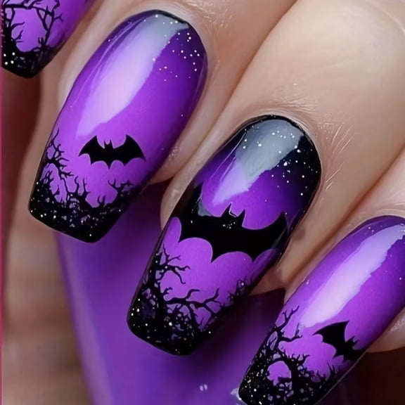 Yoyauz 24pcs Almond Shaped Nail, Fake Nail, Purple Ancient Tree Castle Design, Charming Acrylic Nail, Halloween Suitable For Girls And Ladies
