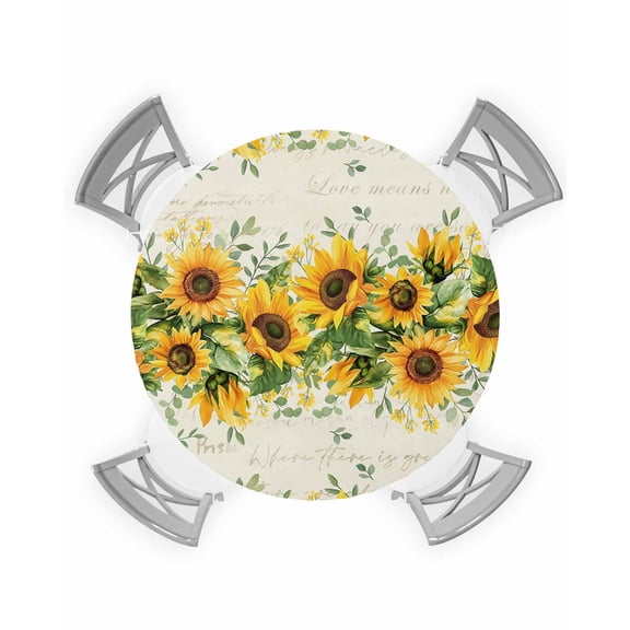 nqOlkjepod Sunflower Round Tablecloth, Fitted Table Cover with Elastic for 36"-44" Round Tables, Country Botanical Yellow Green Floral Leaf Table Cloth Outdoor Dinning Party Waterproof Tablecloths