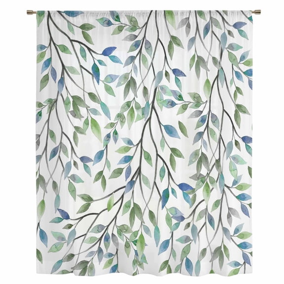Blue Green Eucalyptus Sheer Curtains 54 Inches Long, Spring Botanical Leaves Weeping Light Filering Curtains, Breathable Simi Curtain Privacy Drapes for Kitchen Bathroom Small Window Treatment