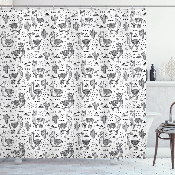 Ambesonne Llama Shower Curtain, Doodle Alpaca Design, 69"Wx84"L, White Charcoal Grey