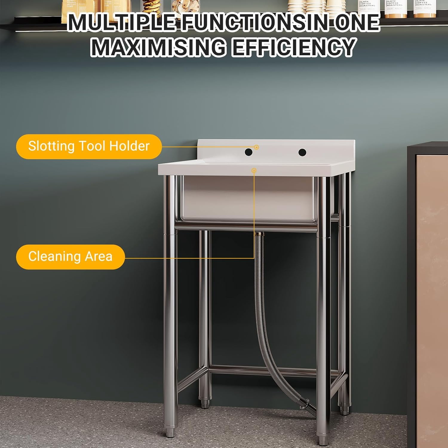 21 Inch Commercial Kitchen Sink, Single Bowl Stainless Steel Utility Sink with Backsplash, Freestanding Washing Hand Basin for Outdoor, Garage, Restaurant, Laundry Room
