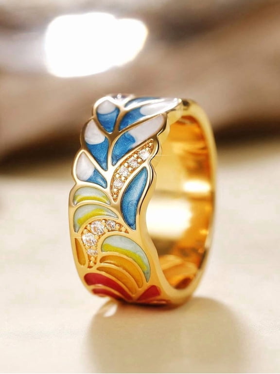 Yellow Gold Enamel Leaf Statement Ring With Cubic Zirconia For Women