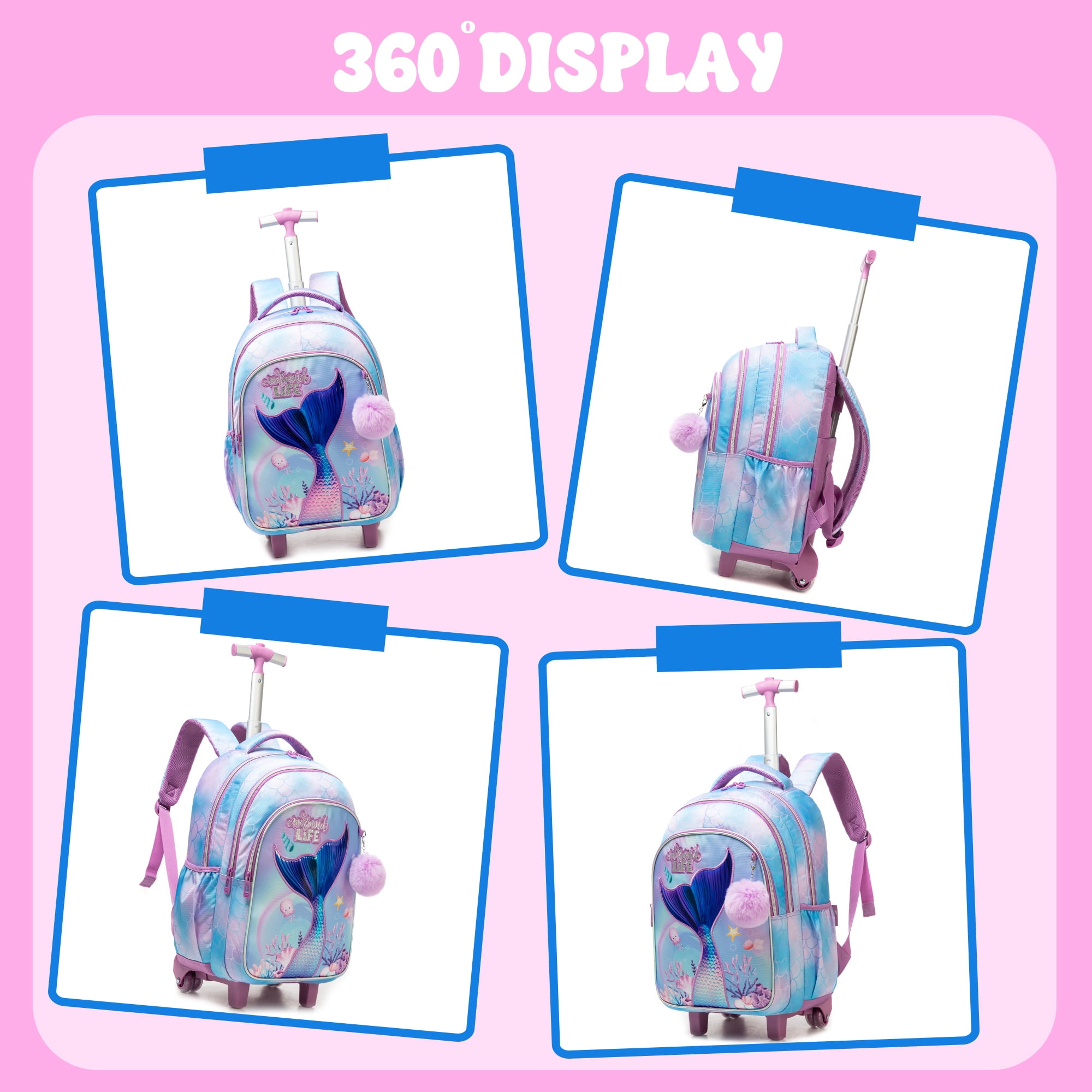 Kids Mermaid Rolling Backpack for School Girls,Backpack with Lunch Box Pencil Case for Elementary Students Ages 6-8